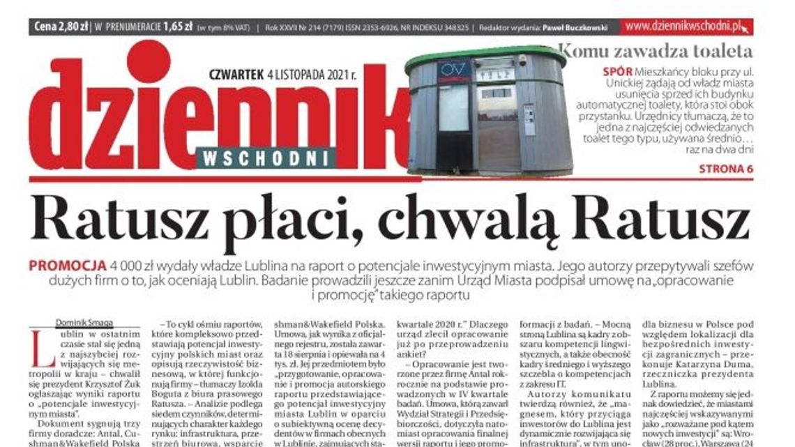 Pierwsza strona Dziennika Wschodniego z 4 listopada 2021 r.