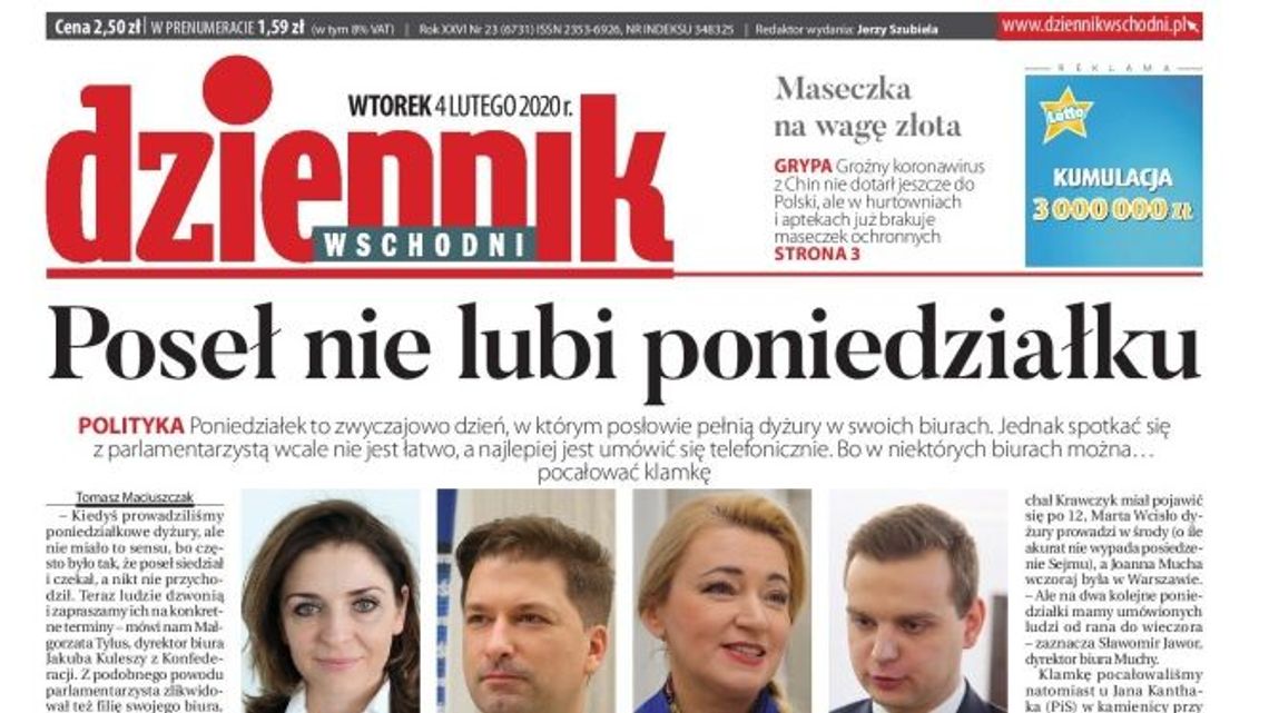 Pierwsza strona Dziennika Wschodniego z 4 lutego 2020 r.