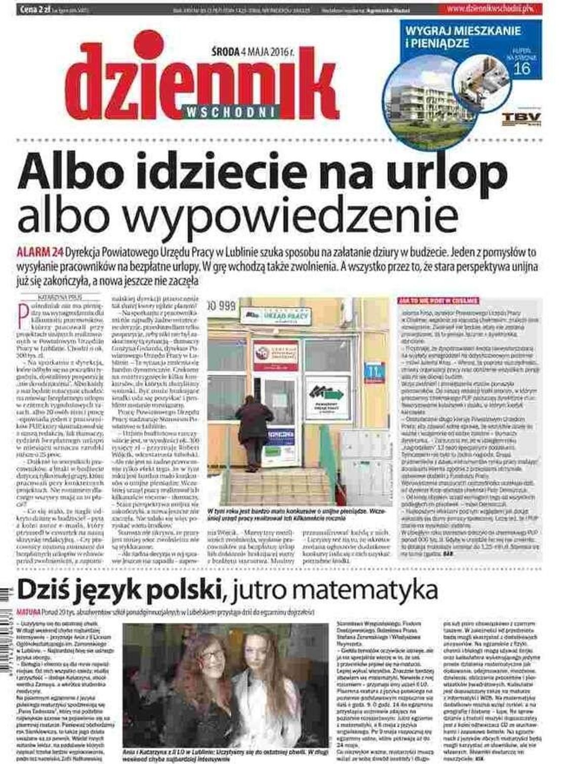 Pierwsza strona Dziennika Wschodniego z 4 maja 2016