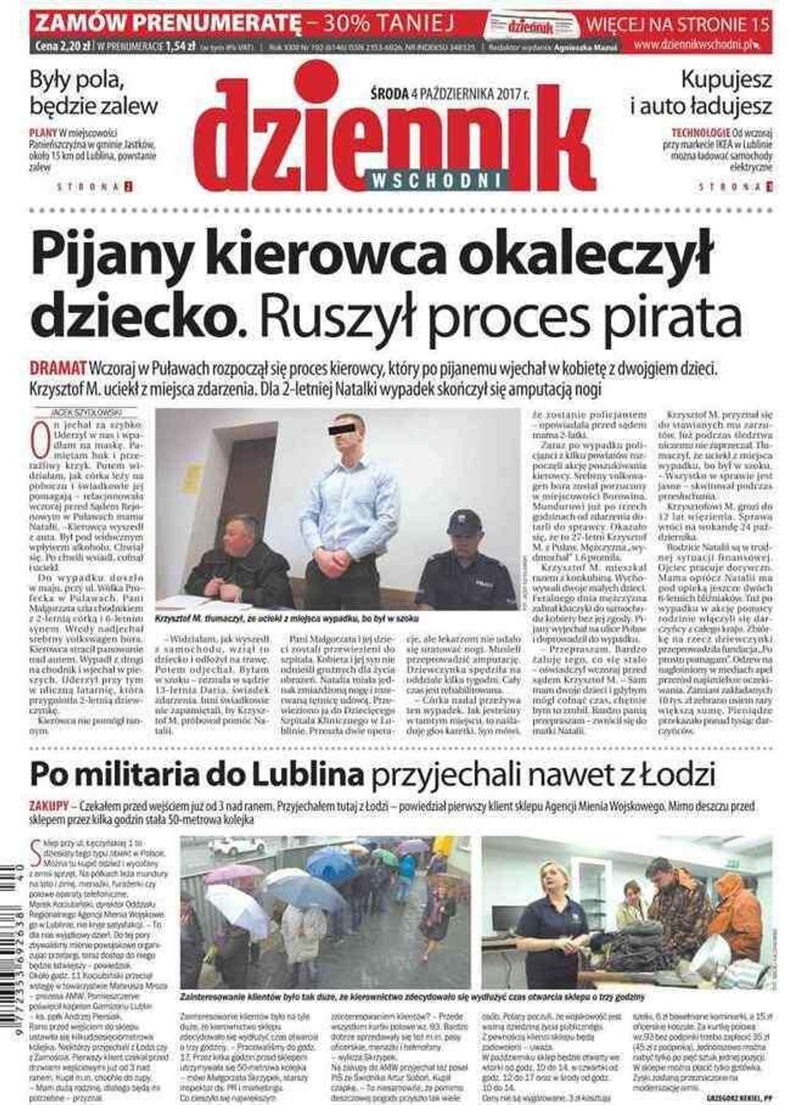 Pierwsza strona Dziennika Wschodniego z 4 października 2017