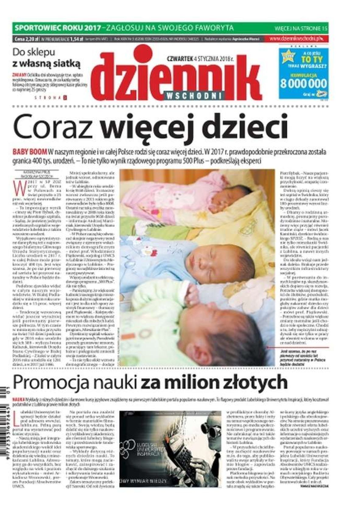 Pierwsza strona Dziennika Wschodniego z 4 stycznia 2018 r.