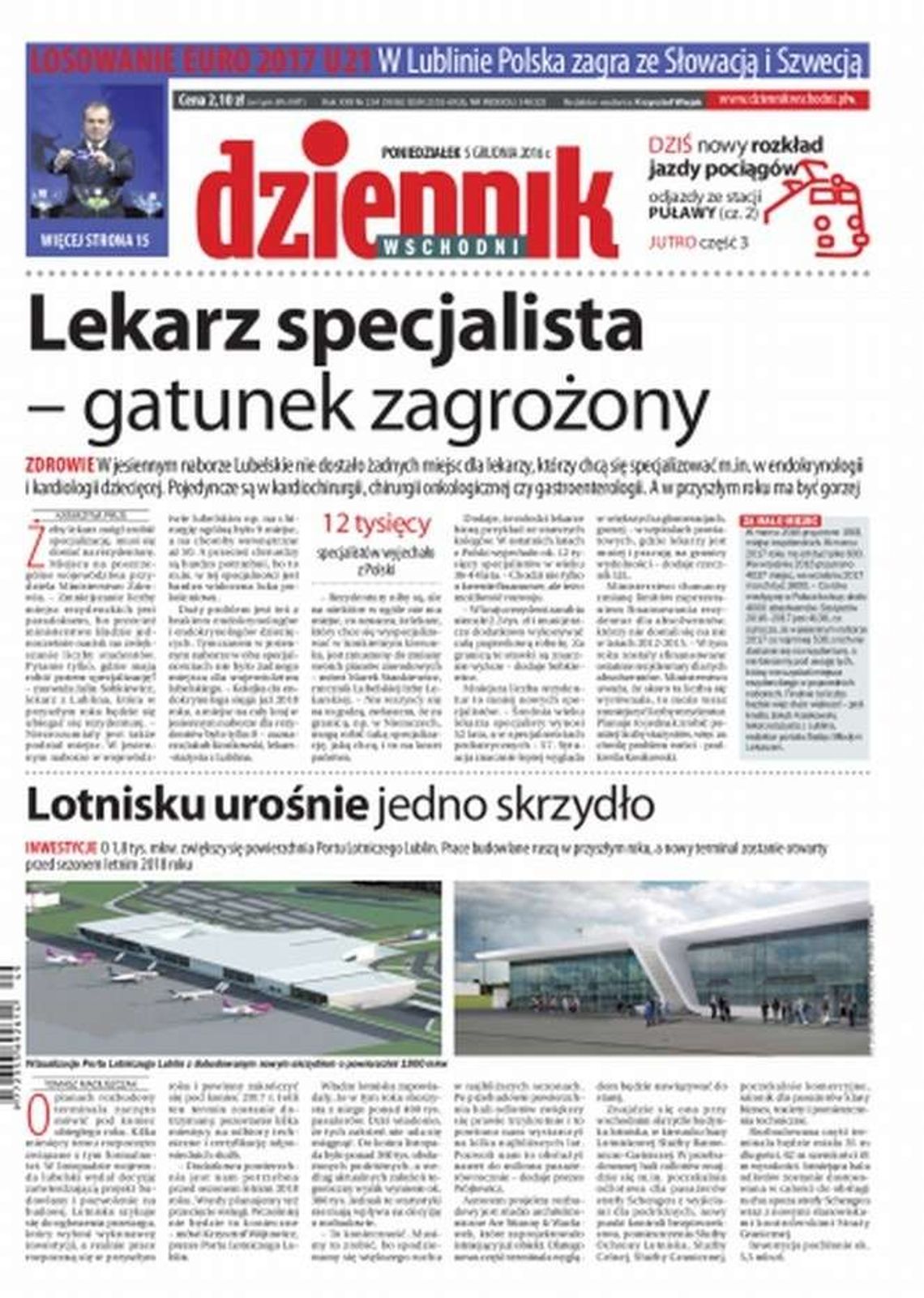 Pierwsza strona Dziennika Wschodniego z 5 grudnia 2016 r.