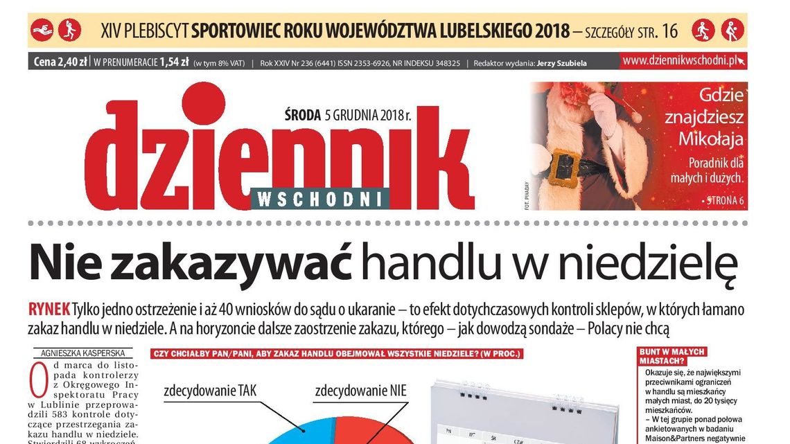 Pierwsza strona Dziennika Wschodniego z 5 grudnia 2018 r.