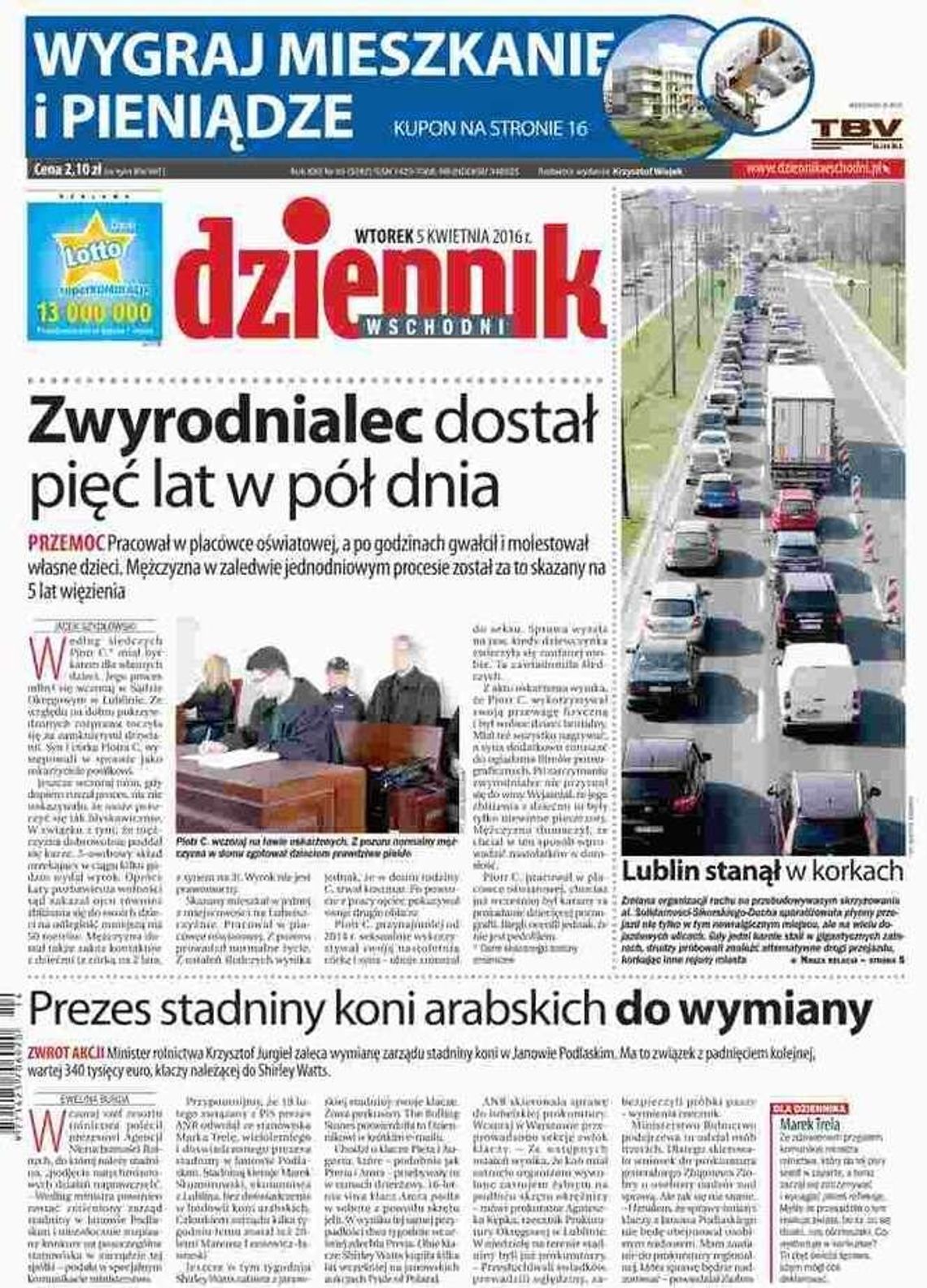 Pierwsza strona Dziennika Wschodniego z 5 kwietnia 2016