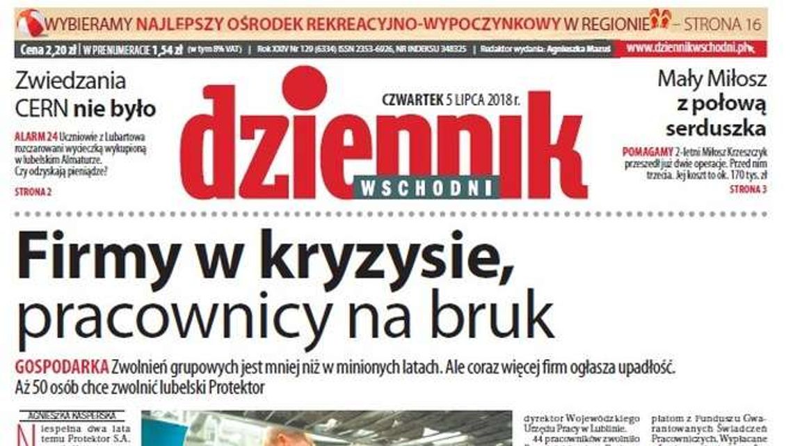 Pierwsza strona Dziennika Wschodniego z 5 lipca 2018 roku