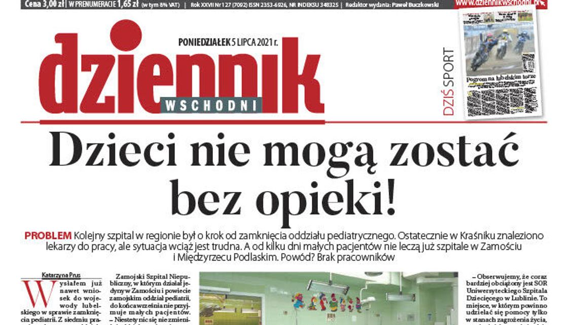 Pierwsza strona Dziennika Wschodniego z 5 lipca 2021 roku