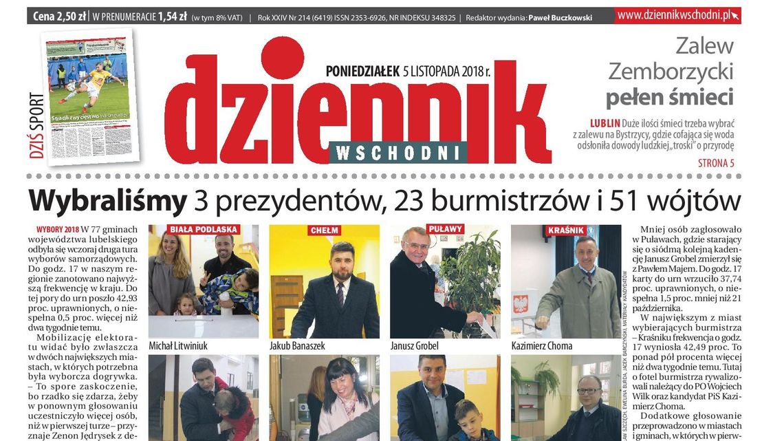 Pierwsza strona Dziennika Wschodniego z 5 listopada 2018 r.