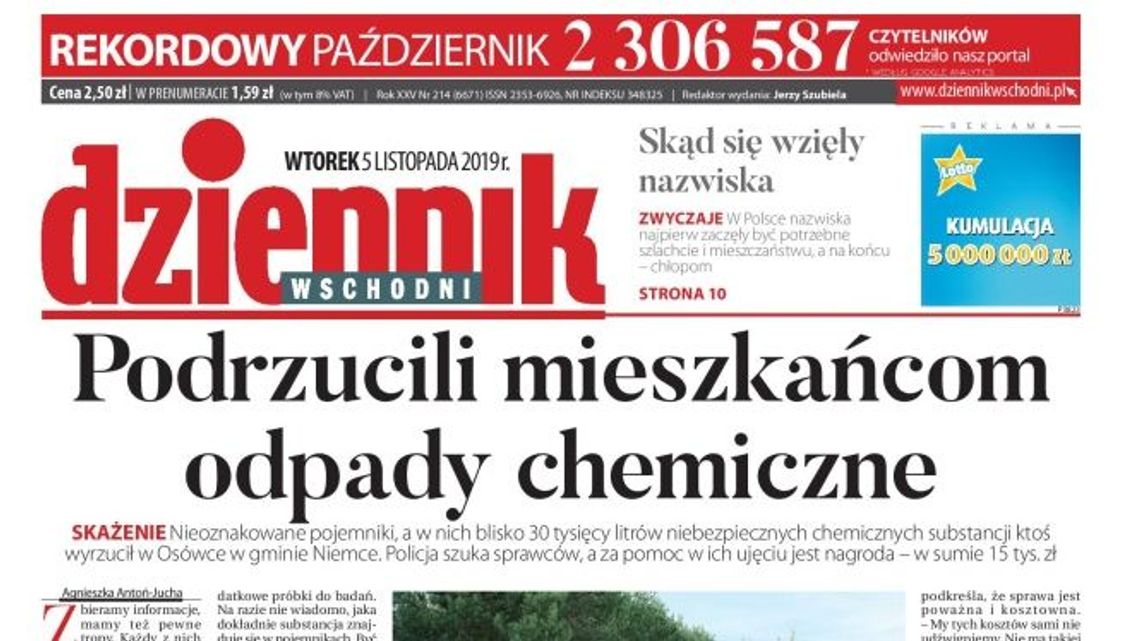 Pierwsza strona Dziennika Wschodniego z 5 listopada 2019 r.