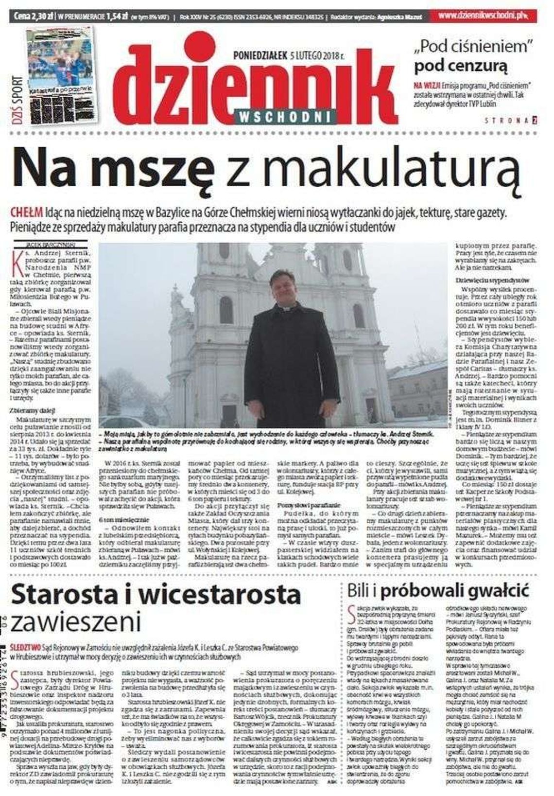 Pierwsza strona Dziennika Wschodniego z 5 lutego 2018 roku