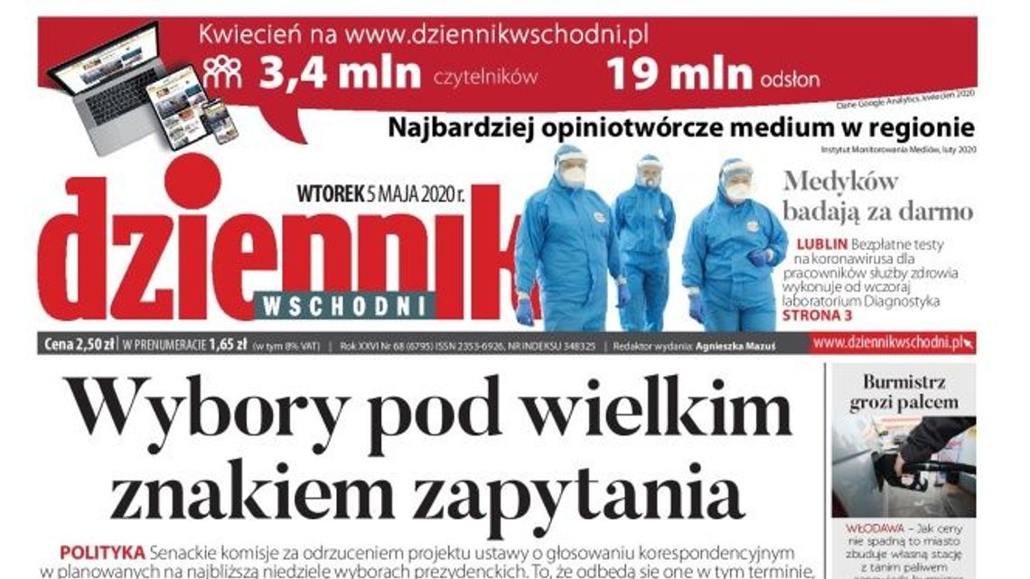 Pierwsza strona Dziennika Wschodniego z 5 maja 2020 r.