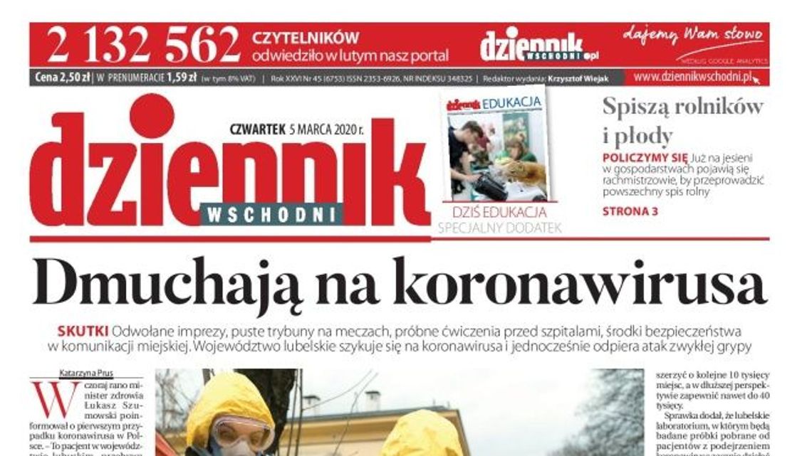 Pierwsza strona Dziennika Wschodniego z 5 marca 2020 r.