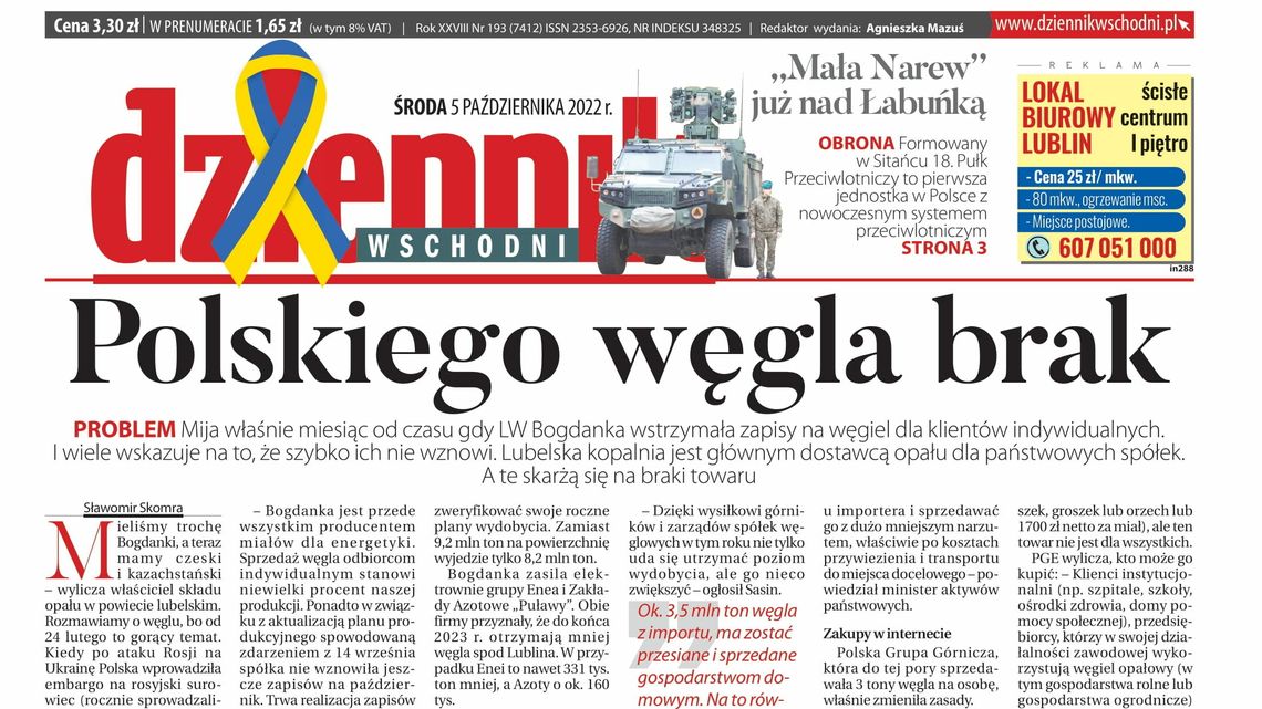  Pierwsza strona Dziennika Wschodniego z 5 października 2022 r. 