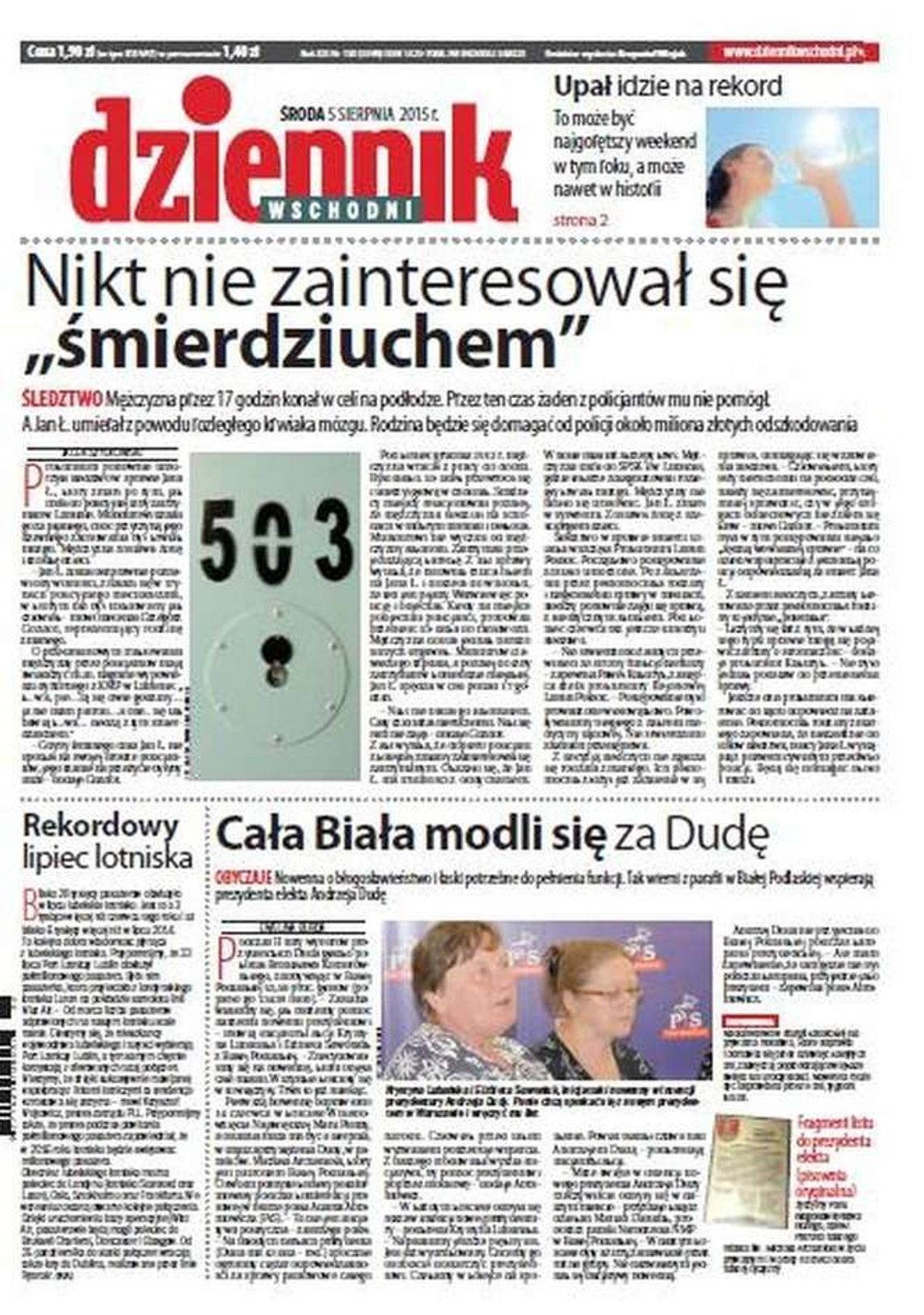 Pierwsza strona Dziennika Wschodniego z 5 sierpnia 2015