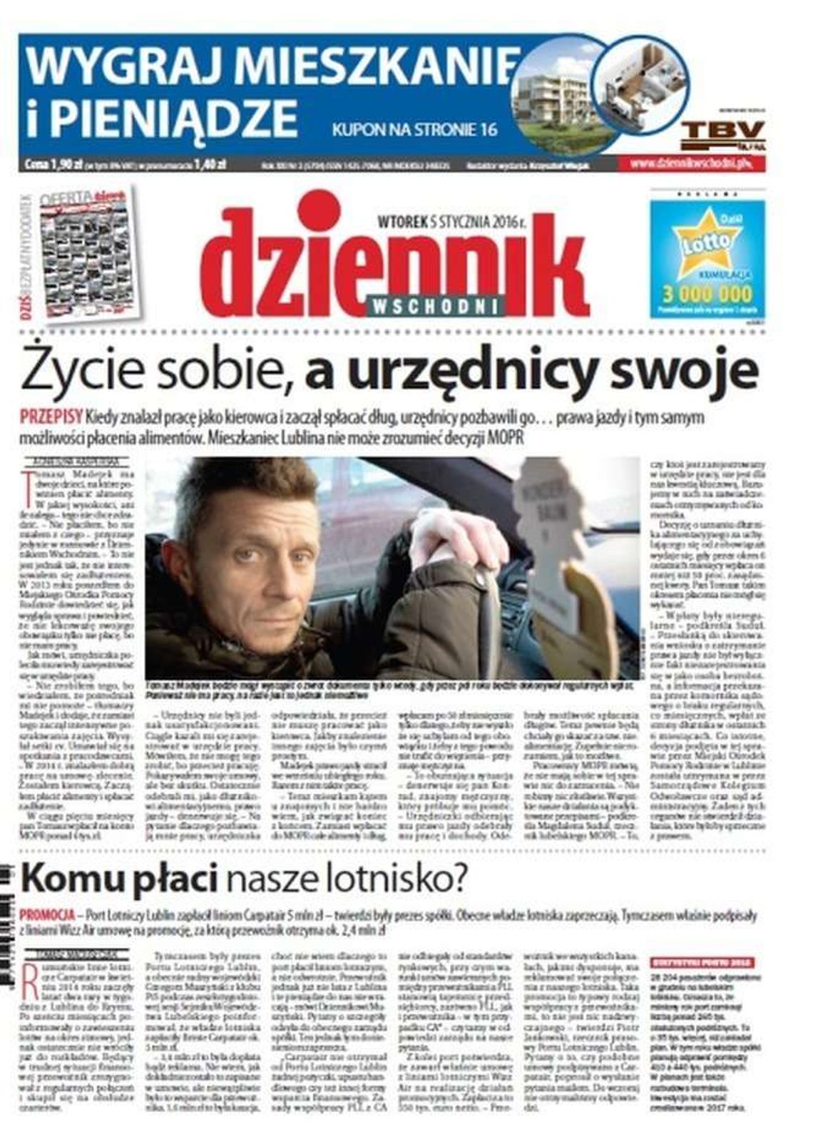 Pierwsza strona Dziennika Wschodniego z 5 stycznia 2016 roku