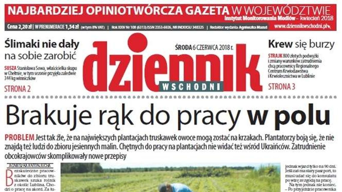 Pierwsza strona Dziennika Wschodniego z 6 czerwca 2018 roku