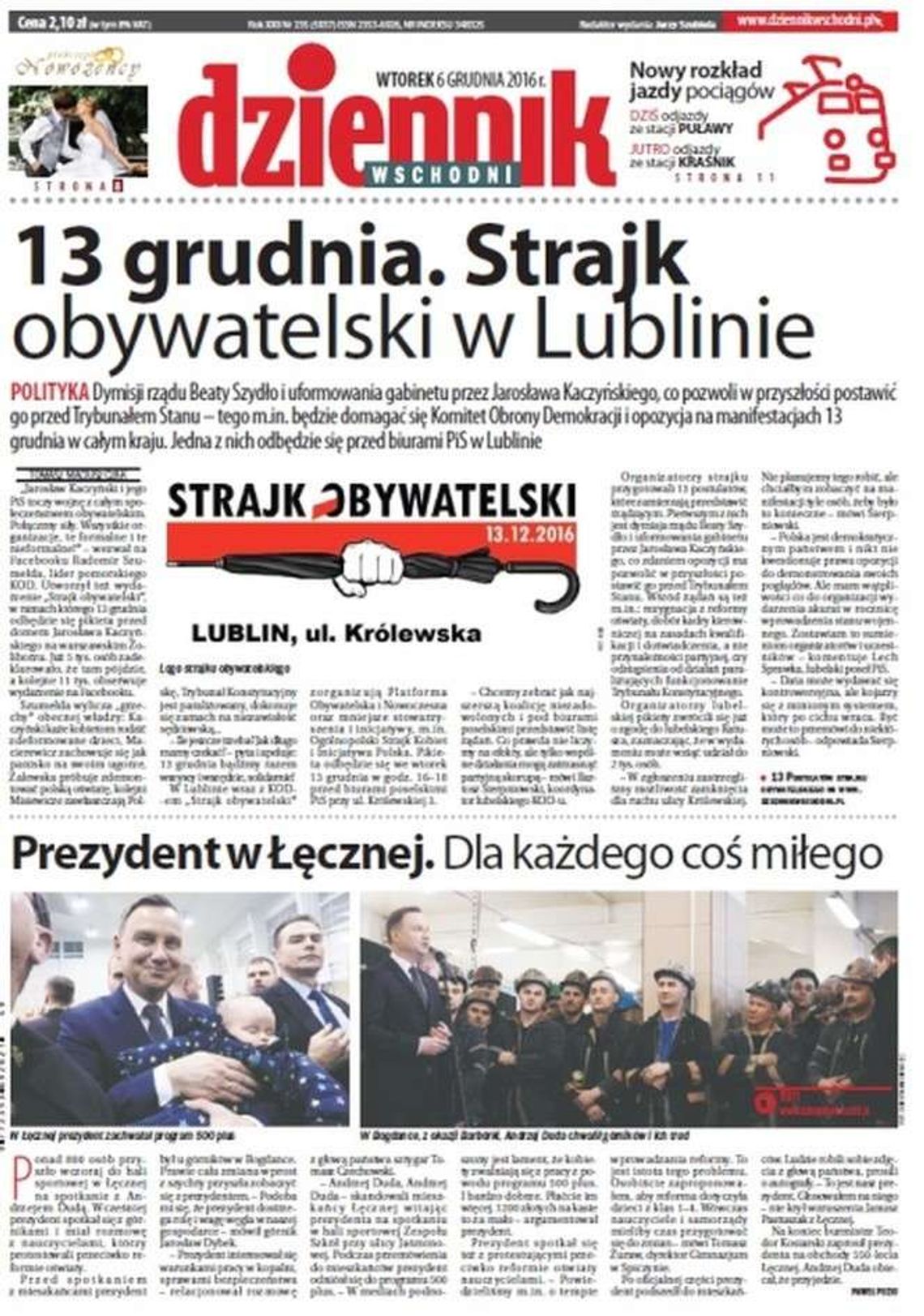 Pierwsza strona Dziennika Wschodniego z 6 grudnia 2016 roku