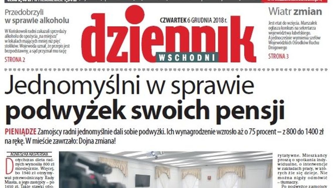 Pierwsza strona Dziennika Wschodniego z 6 grudnia 2018 roku