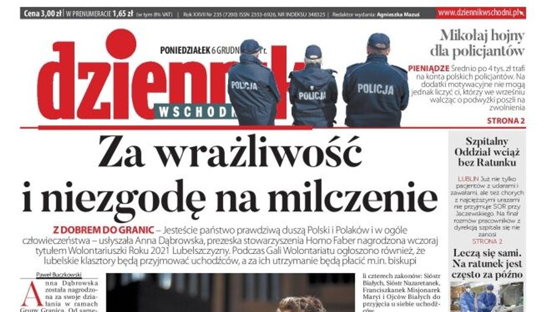 Pierwsza strona Dziennika Wschodniego z 6 grudnia 2021 r.