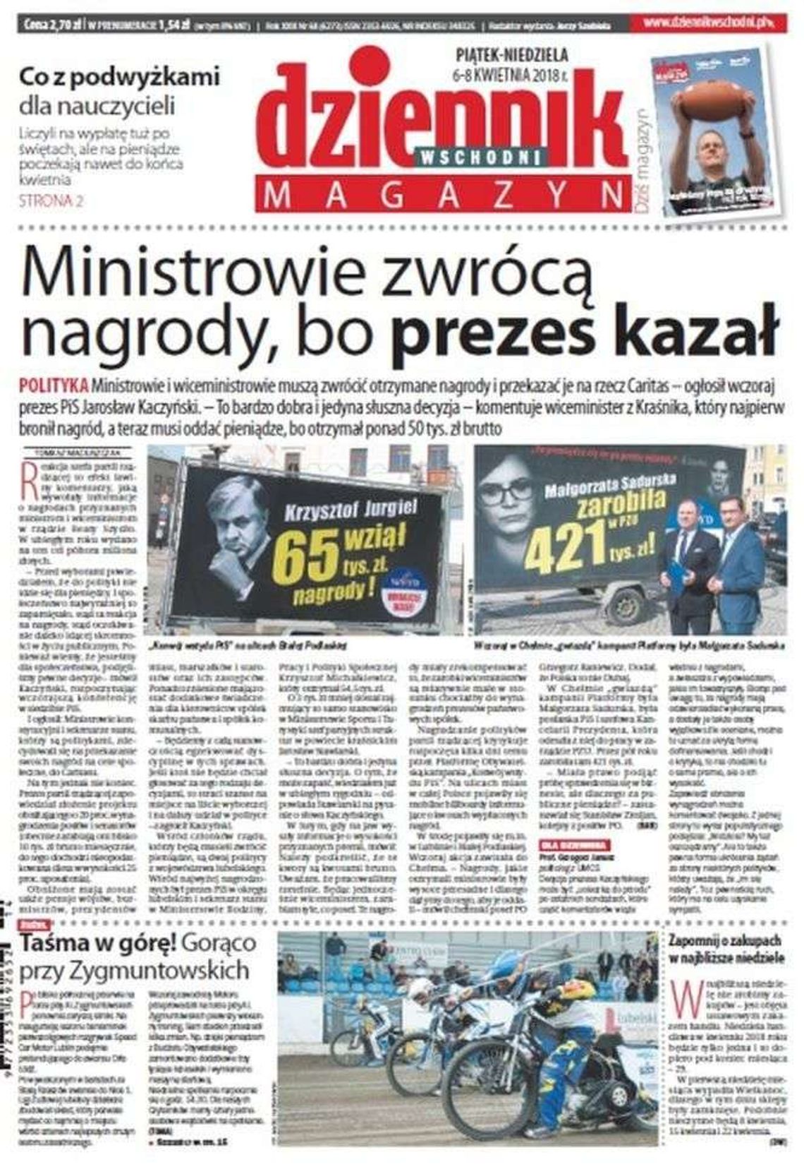 Pierwsza strona Dziennika Wschodniego z 6 kwietnia 2018 roku