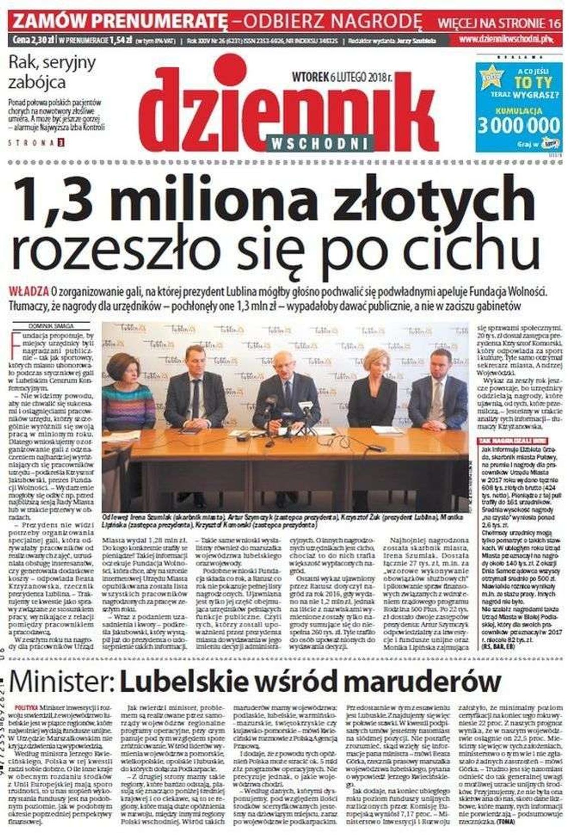 Pierwsza strona Dziennika Wschodniego z 6 lutego 2018 roku