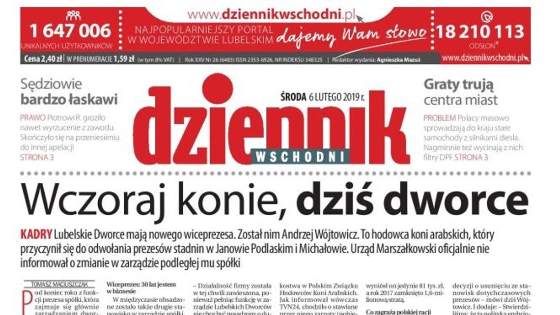 Pierwsza strona Dziennika Wschodniego z 6 lutego 2019 r.