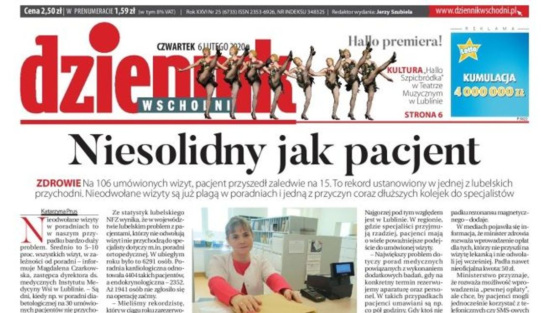 Pierwsza strona Dziennika Wschodniego z 6 lutego 2020 r.