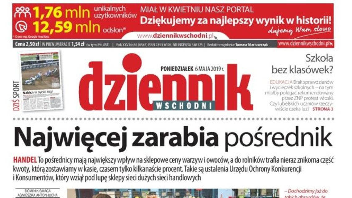 Pierwsza strona Dziennika Wschodniego z 6 maja 2019 r.
