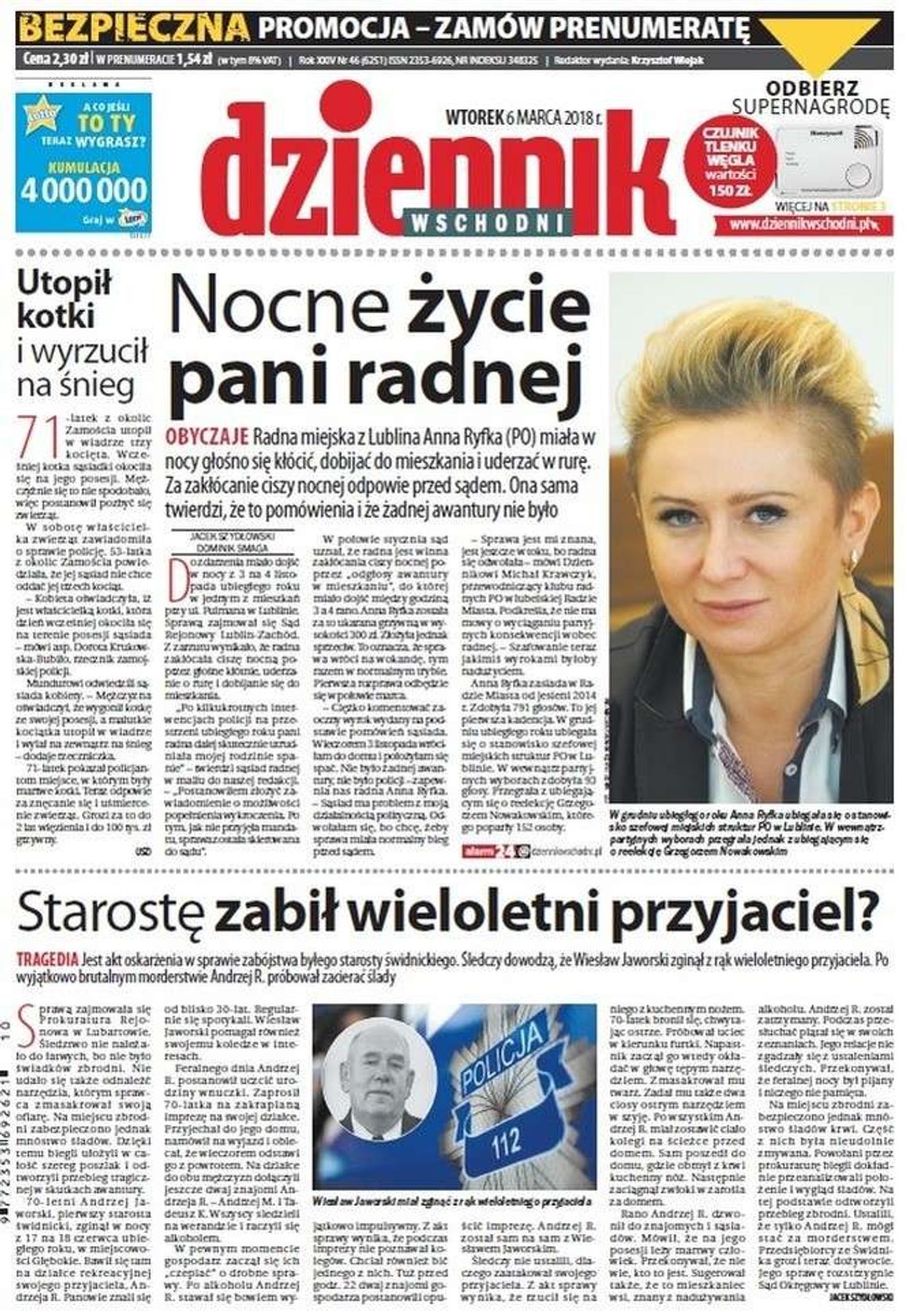 Pierwsza strona Dziennika Wschodniego z 6 marca 2018 roku