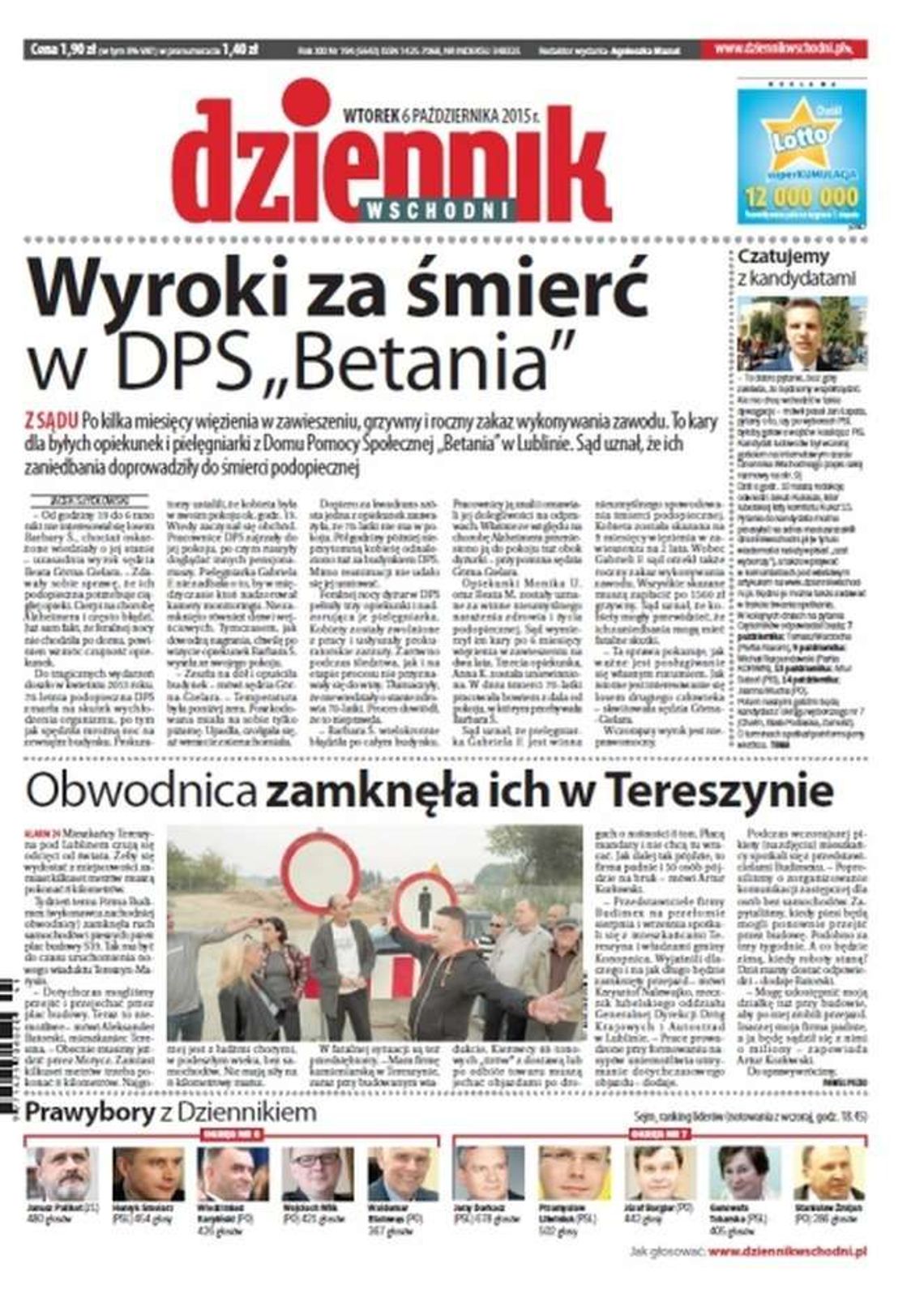 Pierwsza strona Dziennika Wschodniego z 6 października 2015 roku