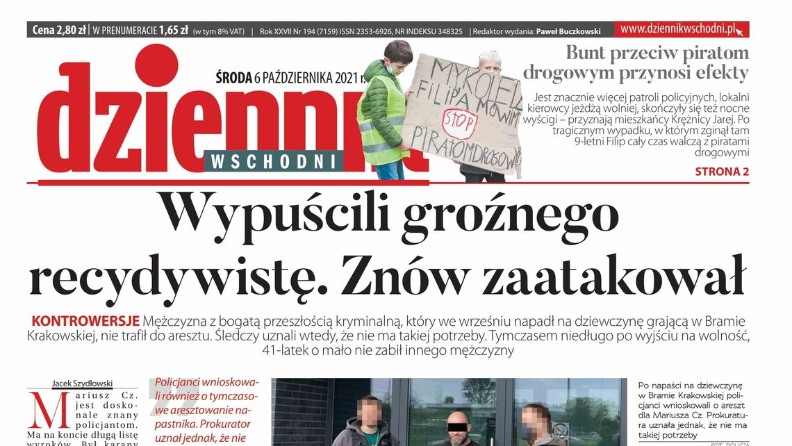 Pierwsza strona Dziennika Wschodniego z 6 października 2021 roku