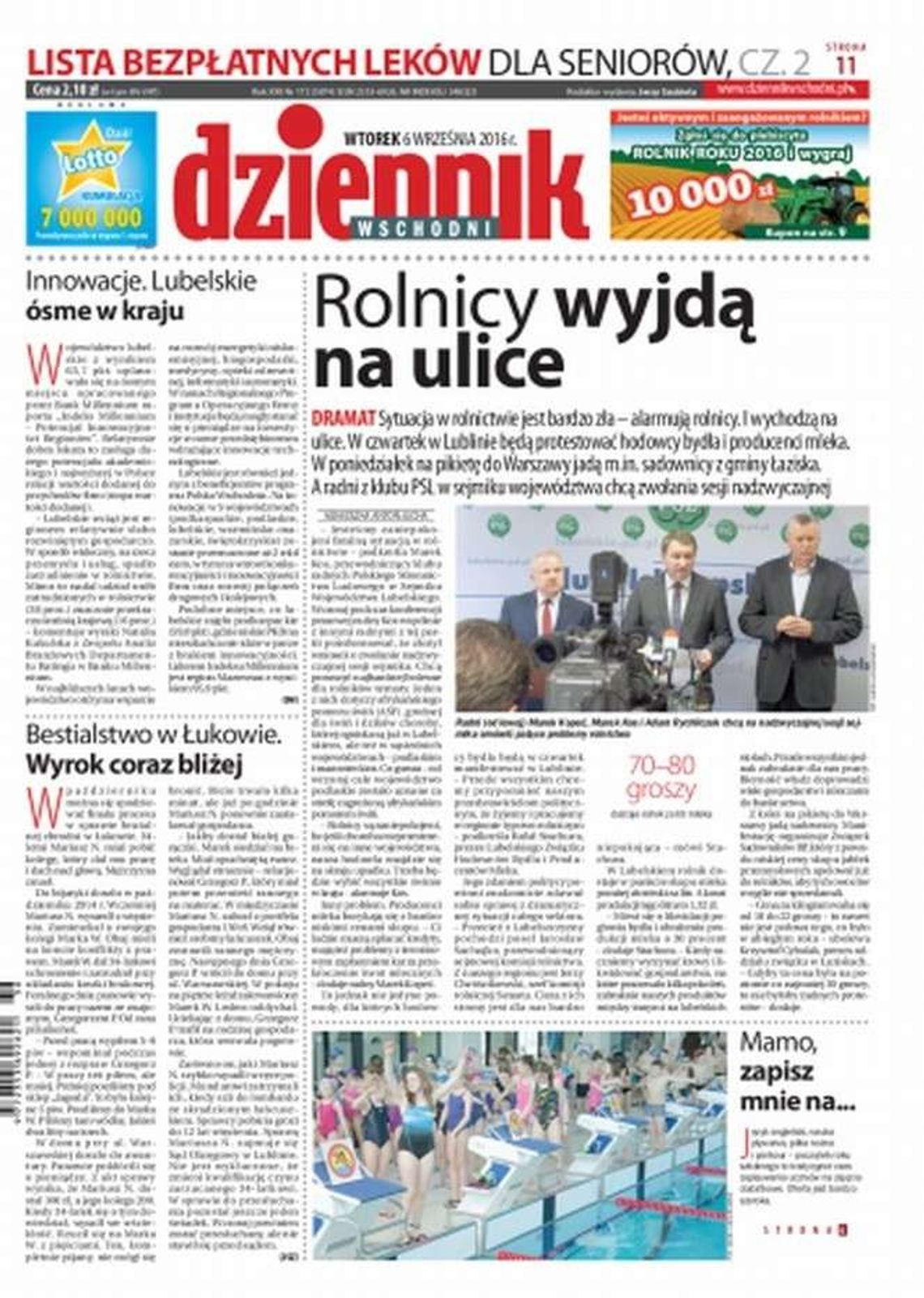 Pierwsza strona Dziennika Wschodniego z 6 września 2016 r.