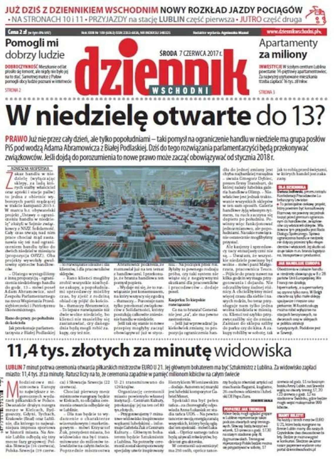 Pierwsza strona Dziennika Wschodniego z 7 czerwca 2017 roku