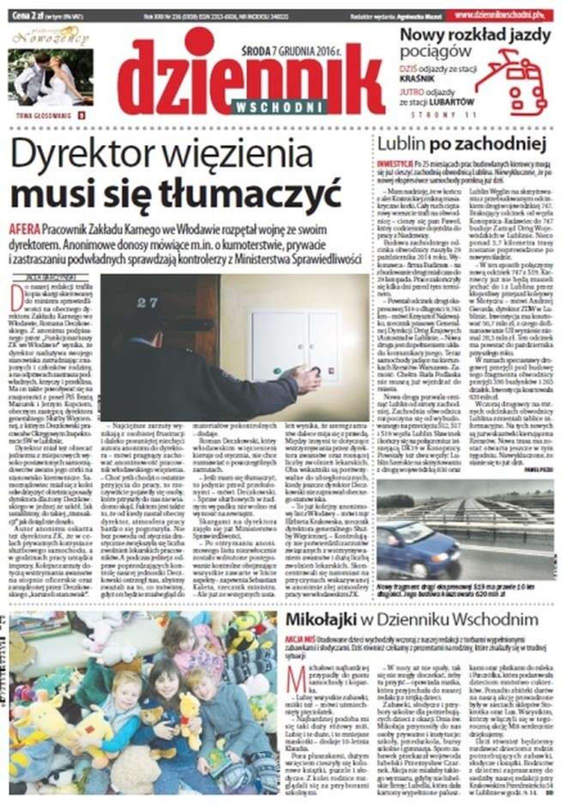 Pierwsza strona Dziennika Wschodniego z 7 grudnia 2016 roku