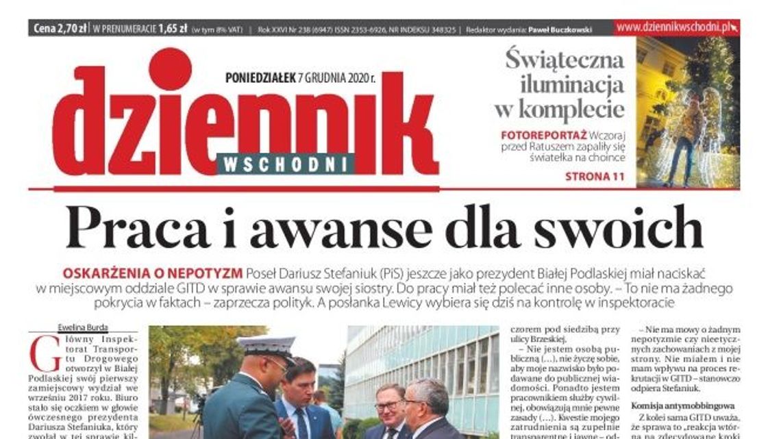 Pierwsza strona Dziennika Wschodniego z 7 grudnia 2020 r.