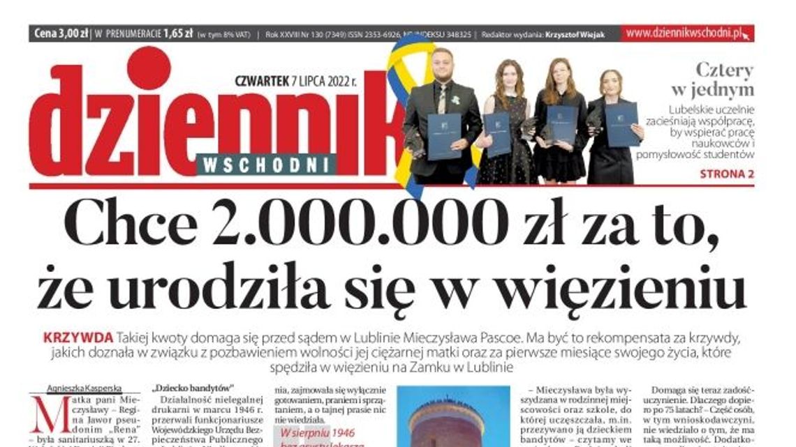 Pierwsza strona Dziennika Wschodniego z 7 lipca 2022 r.