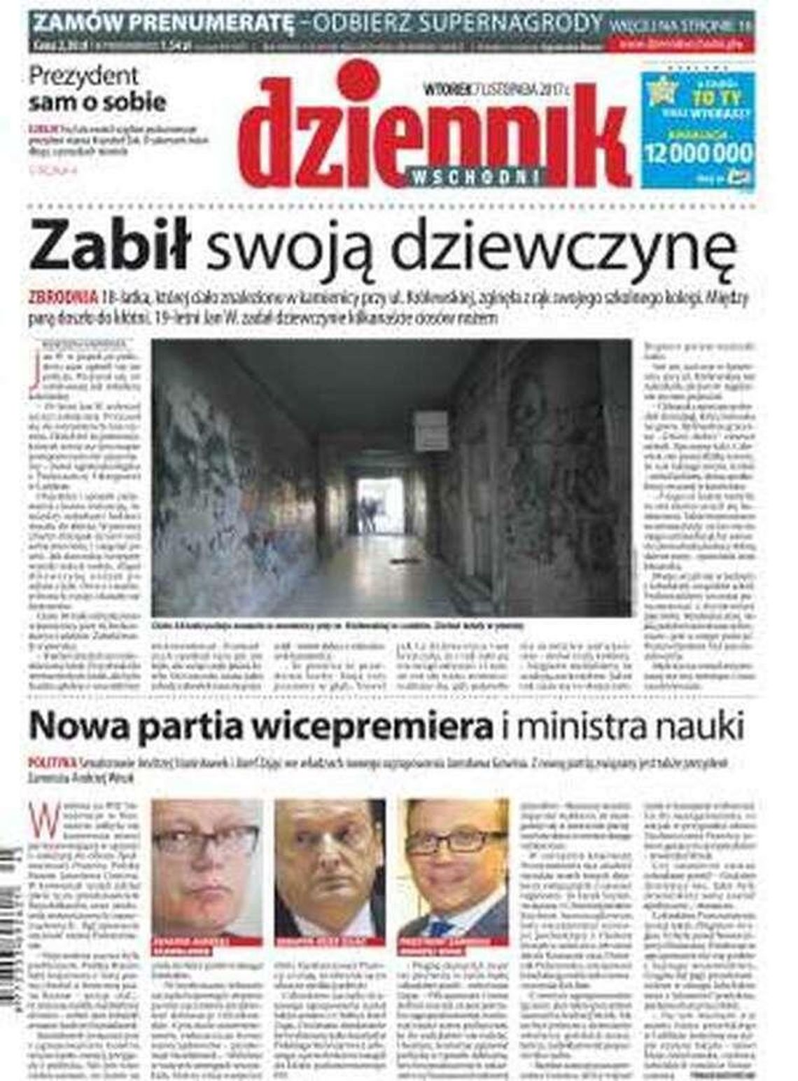 Pierwsza strona Dziennika Wschodniego z 7 listopada 2017 roku