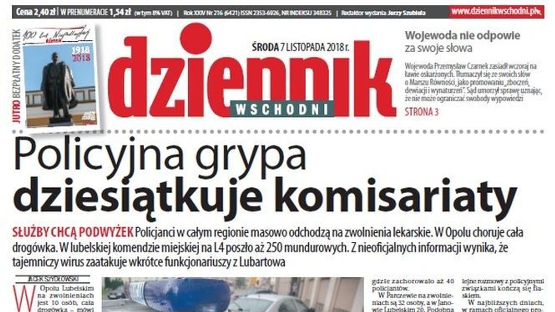 Pierwsza strona Dziennika Wschodniego z 7 listopada 2018 roku