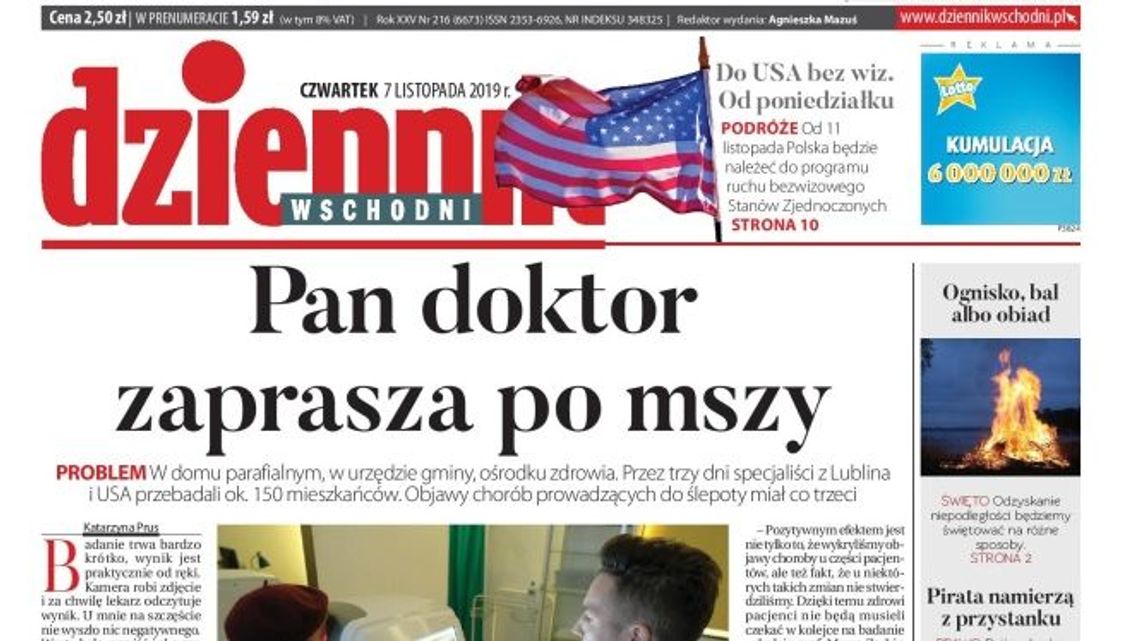 Pierwsza strona Dziennika Wschodniego z 7 listopada 2019 r.