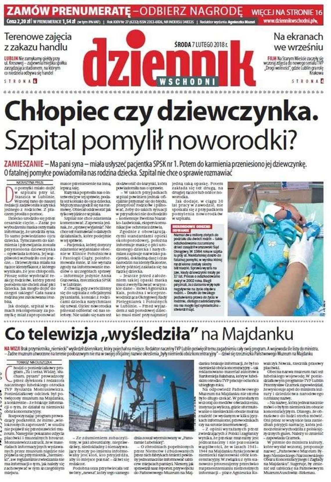 Pierwsza strona Dziennika Wschodniego z 7 lutego 2018 roku