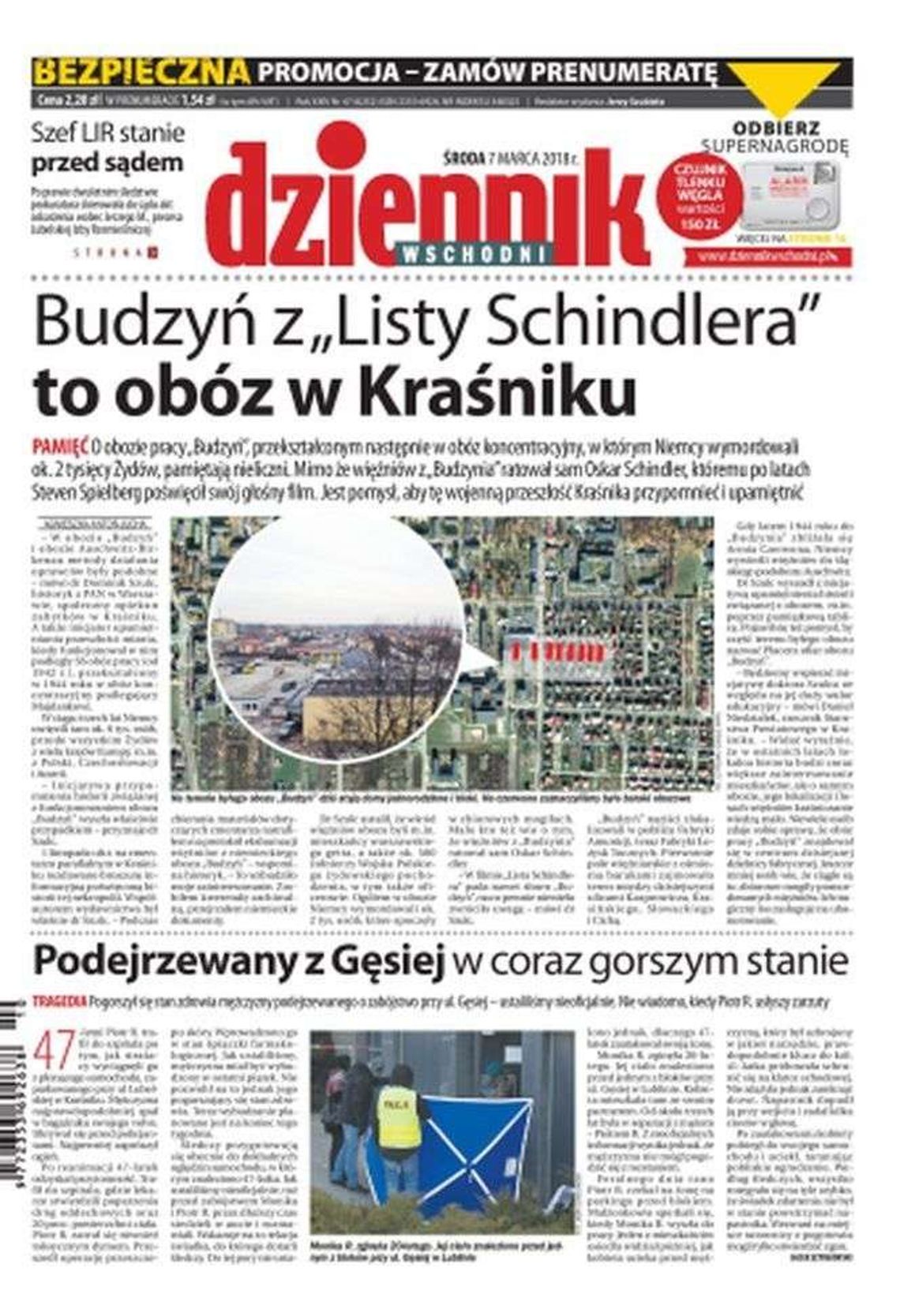 Pierwsza strona Dziennika Wschodniego z 7 marca 2018 r. 