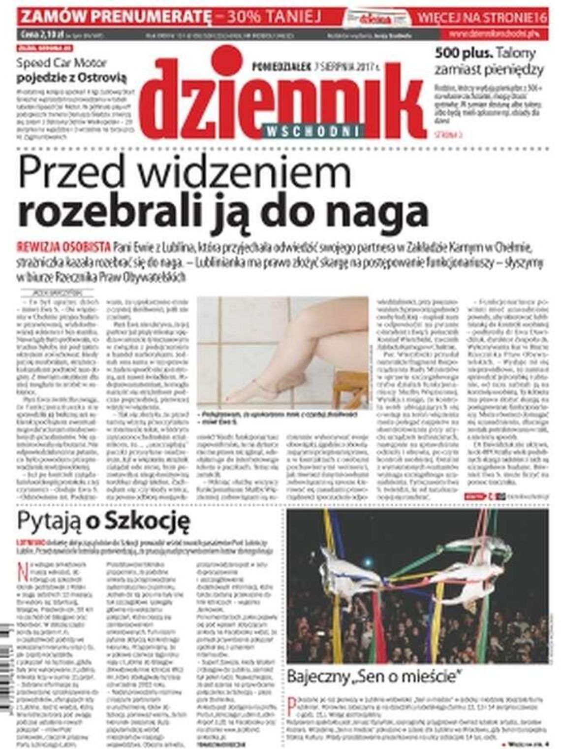 Pierwsza strona Dziennika Wschodniego z 7 sierpnia 2017