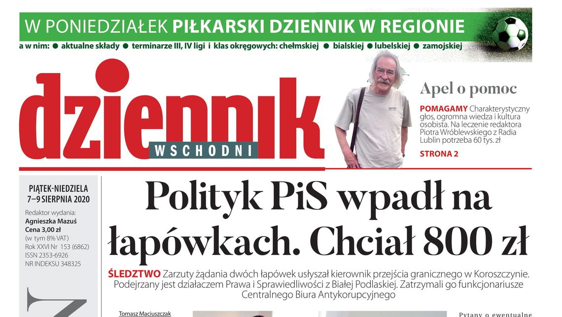 Pierwsza strona Dziennika Wschodniego z 7 sierpnia 2020 r.