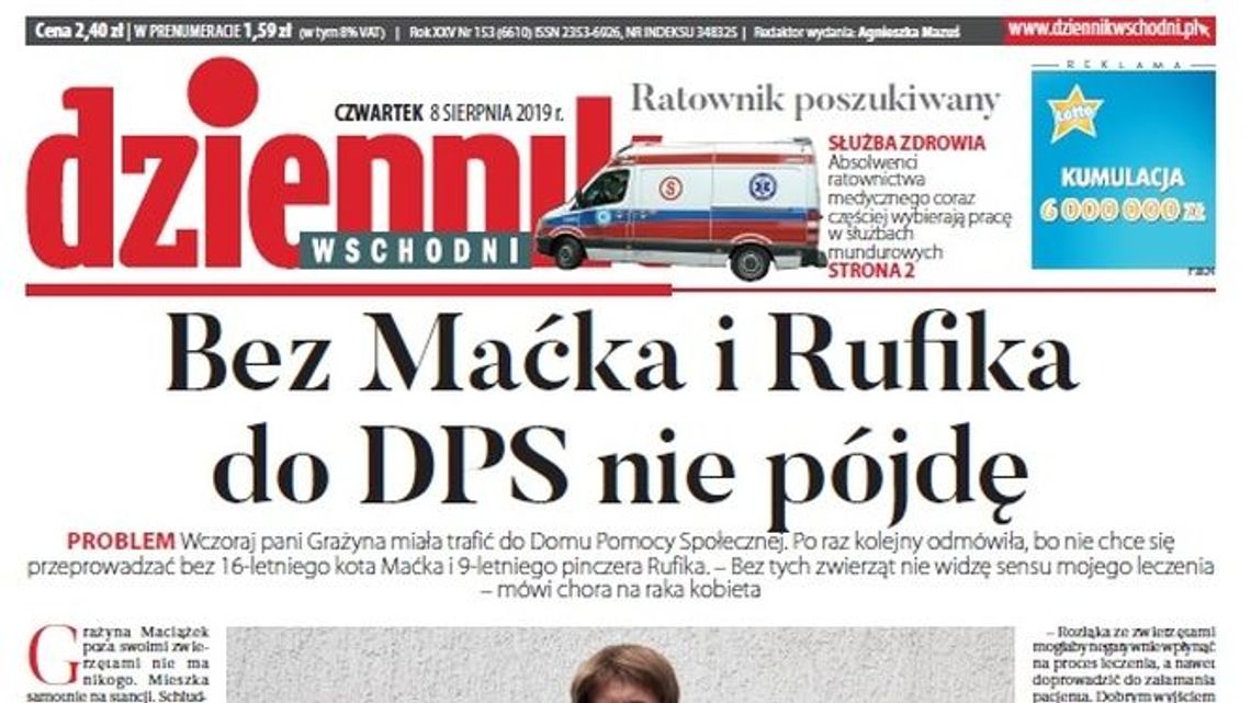 Pierwsza strona Dziennika Wschodniego z 8.08.2019