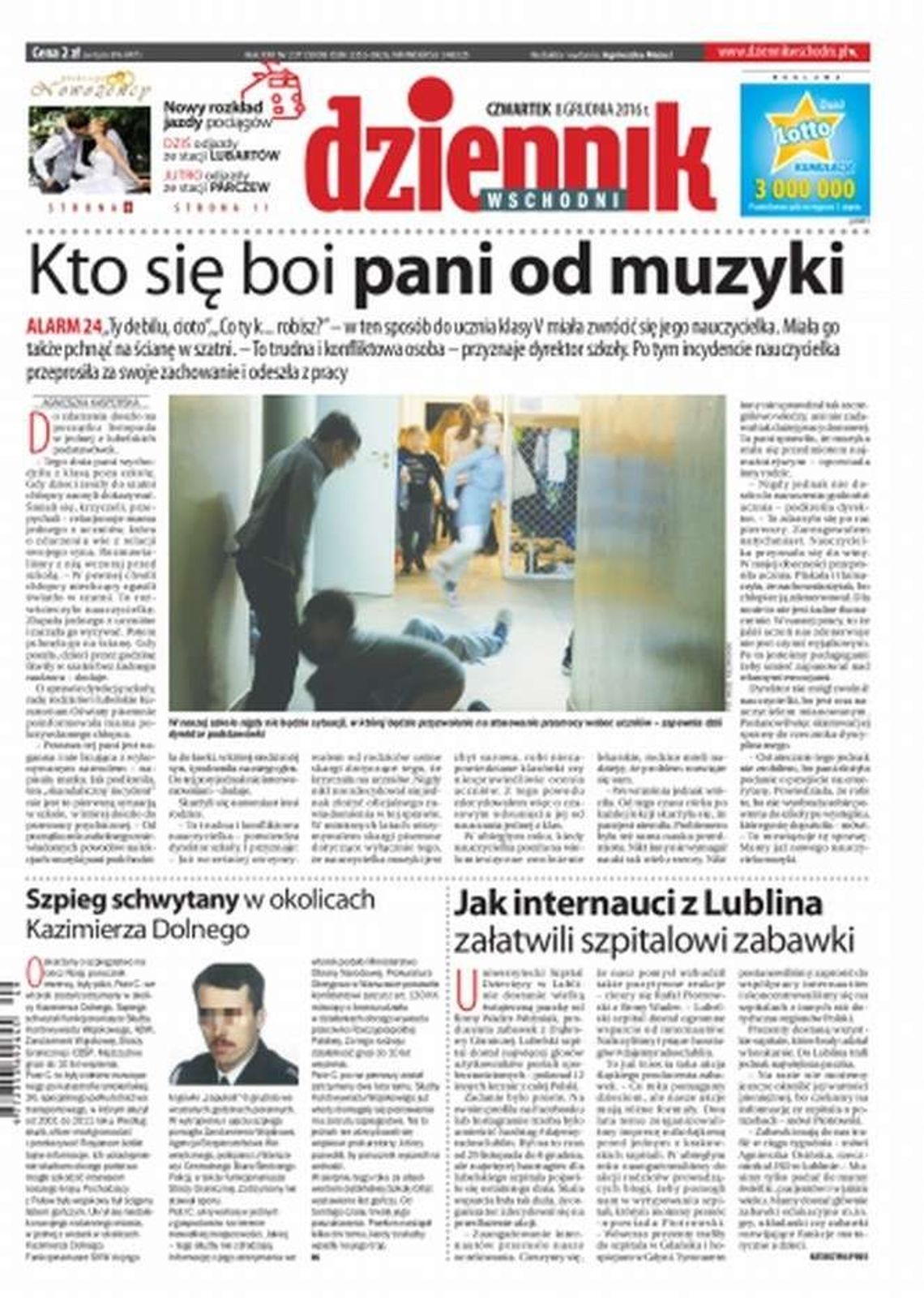 Pierwsza strona Dziennika Wschodniego z 8 grudnia 2016 r.