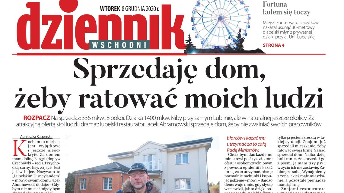 Pierwsza strona Dziennika Wschodniego z 8 grudnia 2020 r.