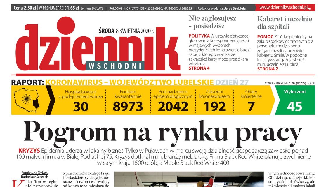 Pierwsza strona Dziennika Wschodniego z 8 kwietnia 2020 r.