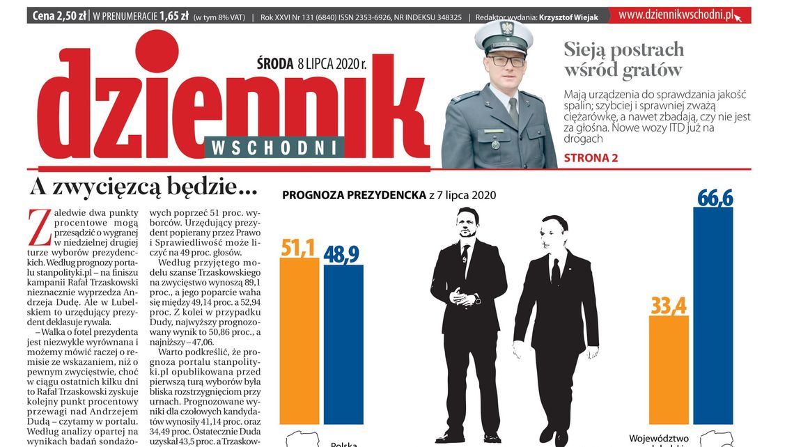 Pierwsza strona Dziennika Wschodniego z 8 lipca 2020 r.