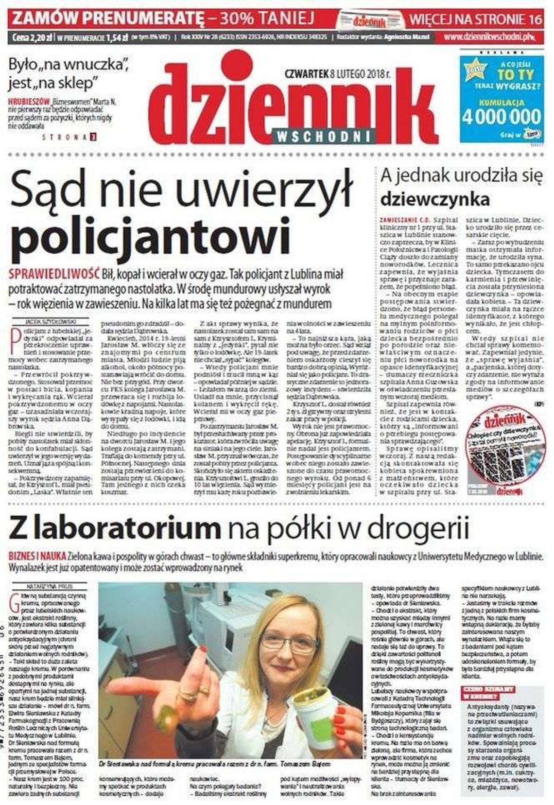 Pierwsza strona Dziennika Wschodniego z 8 lutego 2018 roku