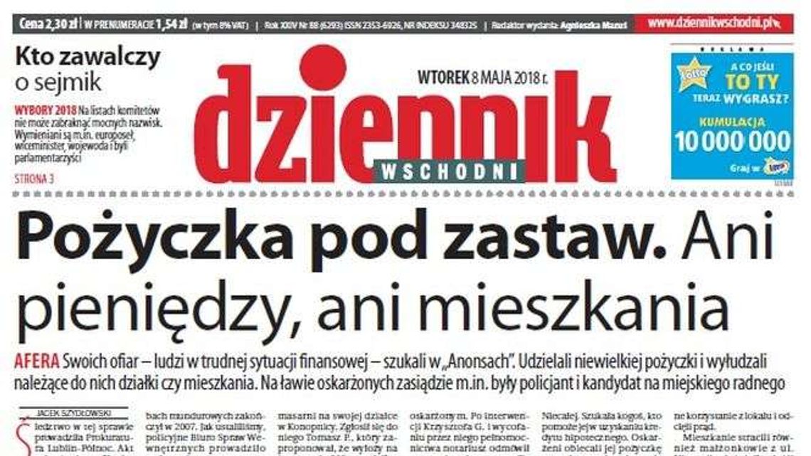 Pierwsza strona Dziennika Wschodniego z 8 maja 2018 roku