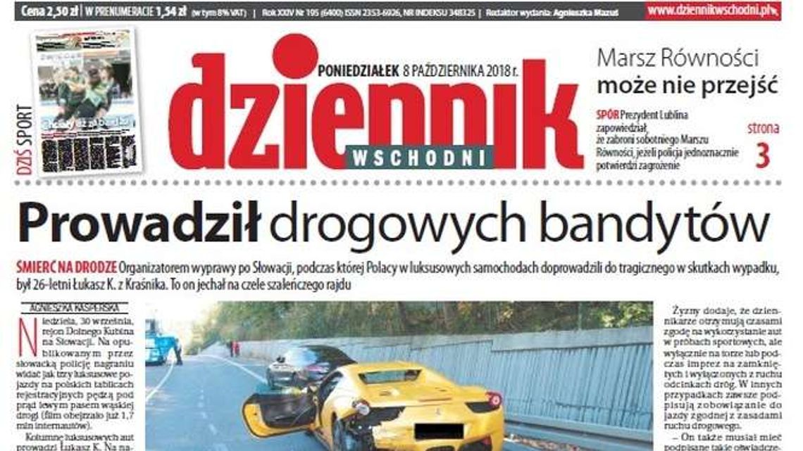 Pierwsza strona Dziennika Wschodniego z 8 października 2018 roku